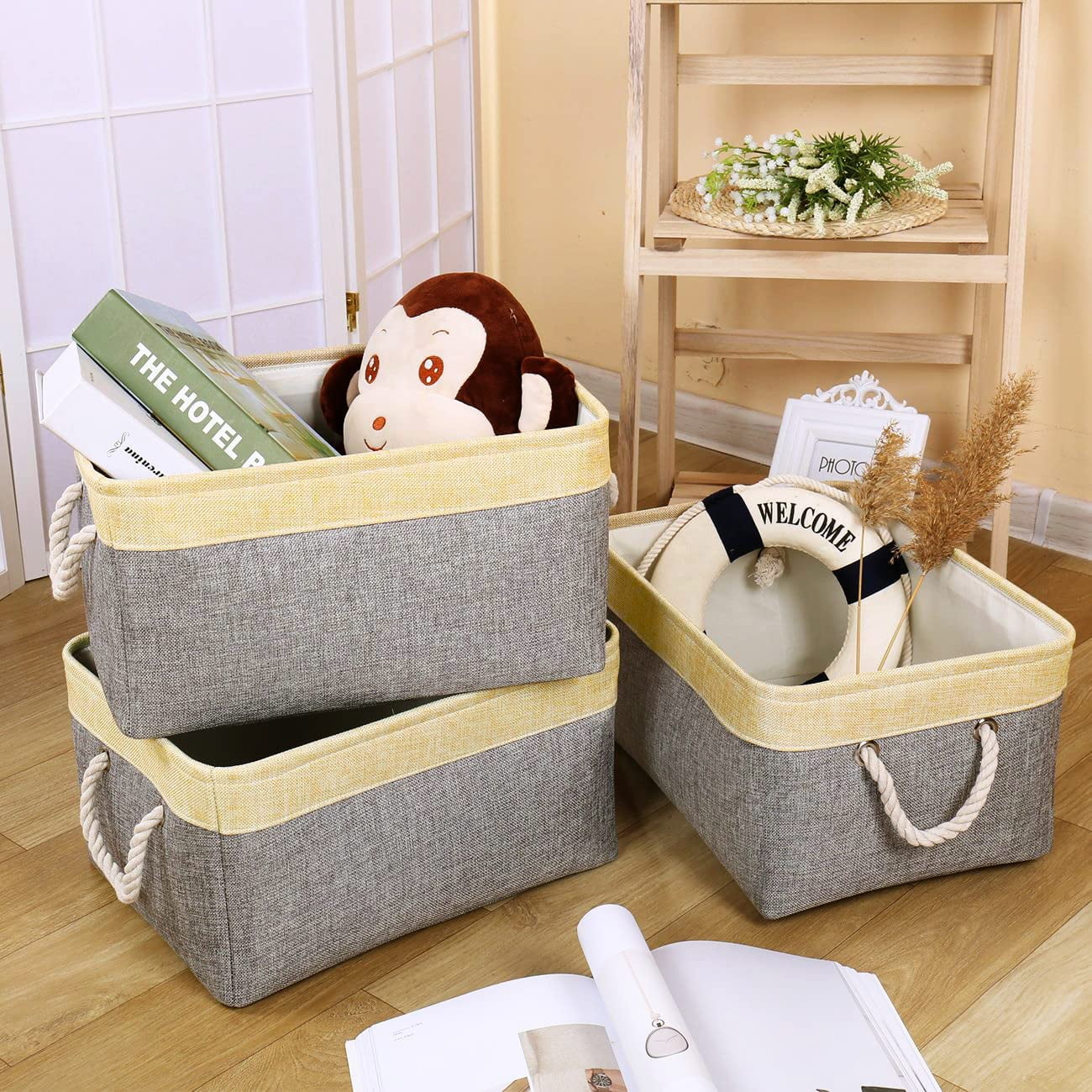 Tegance Small Storage Baskets for Shelves, Storage Cube Organizer, Storage Bins, 12 x 8 x 5 Inches, Rectangle Canvas Fabric Collapsible Shelf Box with Handles, Gold & Grey