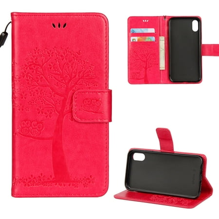 iPhone X Case, iPhone XS 2018 Wallet case, Allytech Pretty Retro Embossed Owl Flower Tree Design PU Leather Book Style Wallet Flip Case Cover for Apple iPhone X/ XS/ iPhone 10, Rose