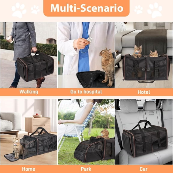 Cat Travel Carrier with Litter Box, Expandable Cat Carrier for 2 Cats for Car Travel, Double Cat Carrier with Zipper Locks, Soft Sided Pet Carrier for Cats and Dogs up to 30lbs, Black