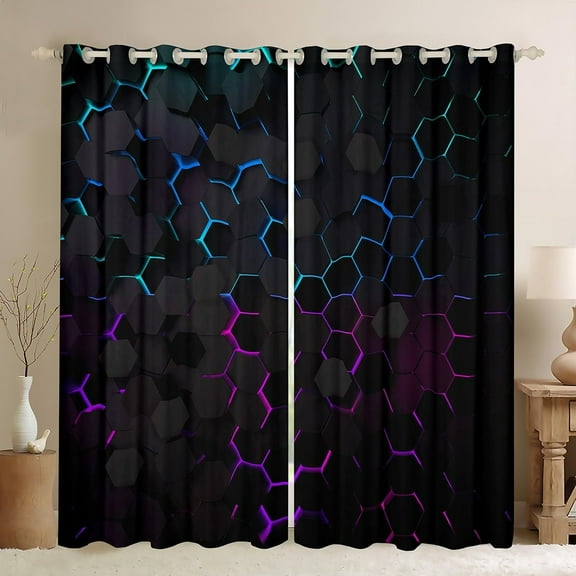Honeycomb Curtains Drapes for Living Room Black Blue Purple Geometric Hexagonal Blackout Curtains,3D Darkening Dreapes Children Decor for Kids Boys Room Decor Curtains-42"W x 63"L (Pack of 2)
