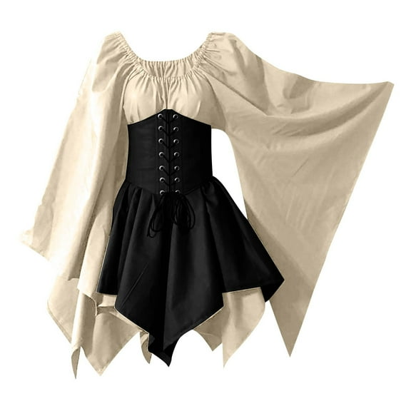 YNGKMEA Halloween Costumes for Women Lace Up Renaissance Dress Fairy Elf Irish Victorian Gothic Dress Fashion Long Sleeve Corset Dress Cosplay Outfits Beige XL