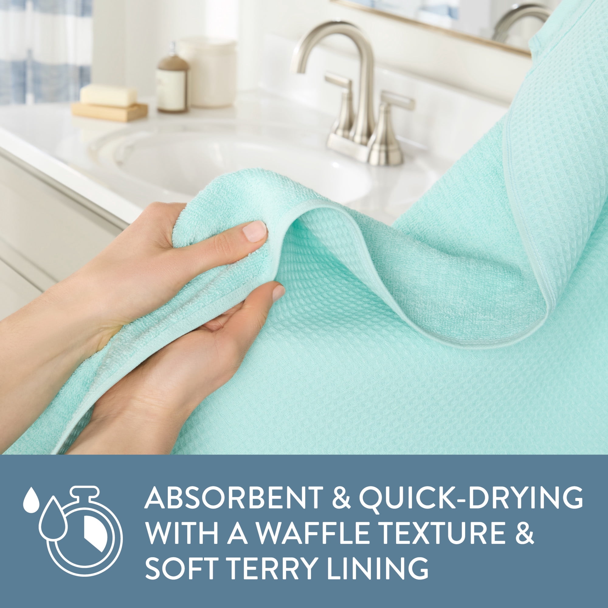 TOWN & COUNTRY BASICS 6-Piece Assorted Waffle Woven Terry Stripe Set, 2 Bath Towel, 2 Hand Towel, 2 Washcloth, 100% Cotton, Quick Dry, Aqua