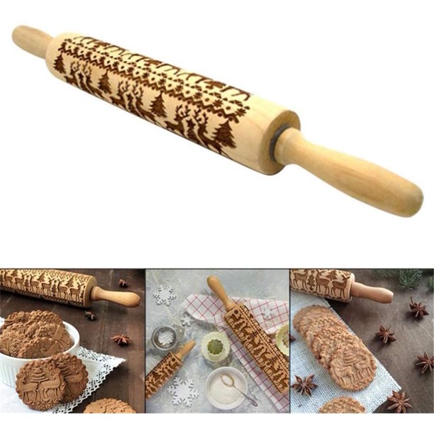 Embossed Rolling Pin, Christmas Wood Engraved 3D Rolling Pin with