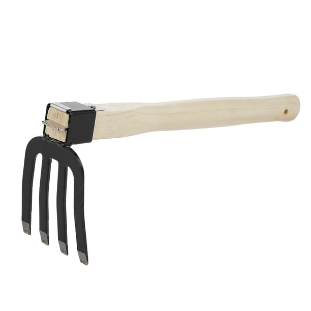 Rastrillo Rastrillo de cuatro dientes con mango corto de madera, herramienta de rastrillo manual de jardín a prueba de curvatura, ideal para aflojar o desmalezar el suelo