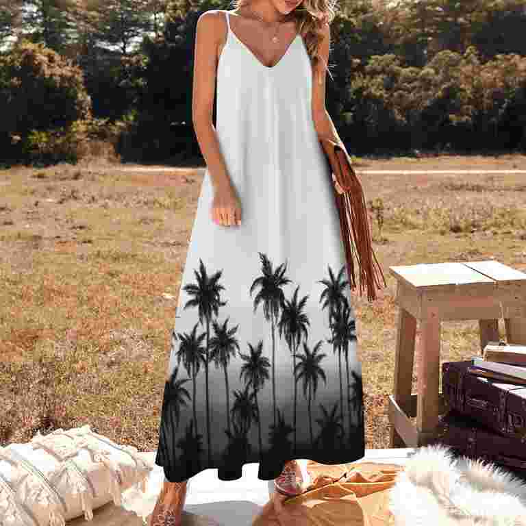 Black and White Palm Tree Sleeveless Dress beach dress summer dress woman trendy Elegant gowns festival outfit women Black and White Palm Tree Sleeveless Dress beach dress summer dress woman trendy Elegant gowns festival outfit women
