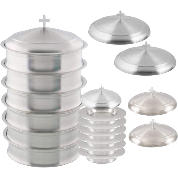 Mayur Exports Communion Ware 6 Communion Tray with 2 Lid & 6 Bread Plate with 2 Lid | Stainless Steel - Satin (Matte) Finish
