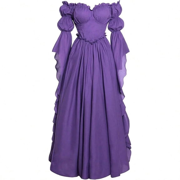 Women's Renaissance Medieval Dress Off Shoulder Long Bell Sleeve Ruffle Maxi Gown Vintage Halloween Cosplay Fairy Tale Princess Fantasy Party Costume