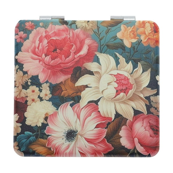 Unique Bargains 1 Pc Oil Painting Flowers Makeup Mirror for Travel Vacation Multicolor PU Stainless Steel Glass