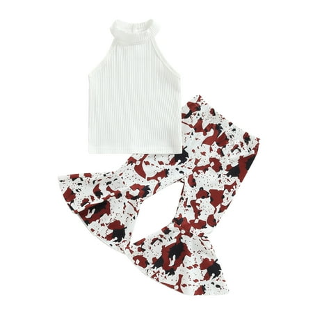 

Vigorbear Toddler Baby Girl Flared Pants Outfits Sleeveless Shirts Cow Print Floral Bell Bottom Set Western Spring Summer Clothes