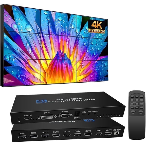 Optical 3x3 HDMI Video Wall Controller, 9-screen Video Wall Processor, supports 3840x2160/30Hz HDMI and DVI input, featuring optical transmission for clear, stable large-screen display.