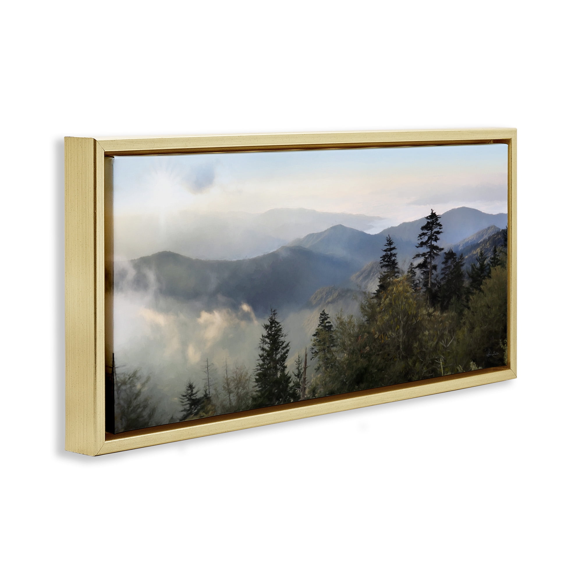 Stupell Industries Panoramic Cloudy Mountainous Nature Landscape Photography Gold Floater Framed Canvas Art Print Wall Art, 25 x 11