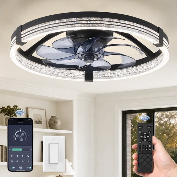 Lokivas 20" Modern Ceiling Fan with Light and APP & Remote Control, Flush Mount Ceiling Fan with 6 Speeds, 3 Color Temperatures & DC Motor for Low Profile Bedroom, Bathroom, Living Room - Black