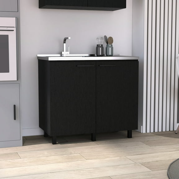 Black Cabinet With Stainless Steel Countertop And 2 Doors For Utility - , Sleek Look, Features A Spacious Internal Shelf Kitchen Storage Freestanding Base Black, Construction, Nicely Contrasted