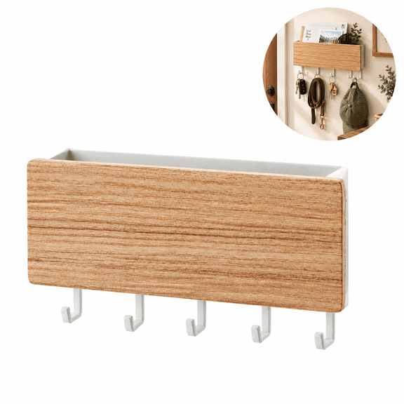 Mail and Key Organizer for Wall with Shelf, Adhesive No-Drill Key Holder for Wall, Wooden Key Rack Wall Mount, Beige Entryway Key Hanger