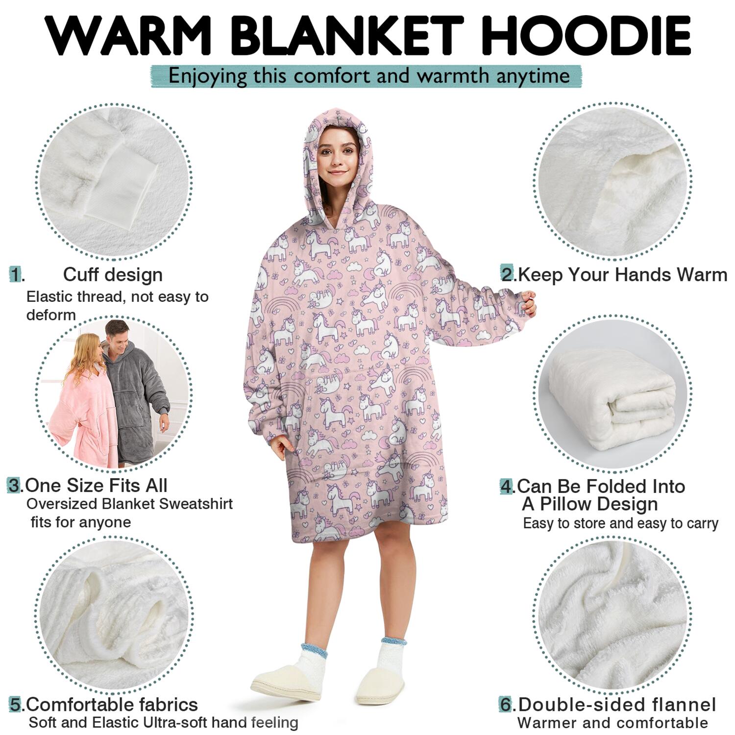 Wearable Oversized Blanket,Pink Unicorn Doodle Pattern Wearable Blanket Hoodie for Adults,Cozy Hooded Blankets with Super Pockets,Super Warm Fuzzy Pullover for Women & Men