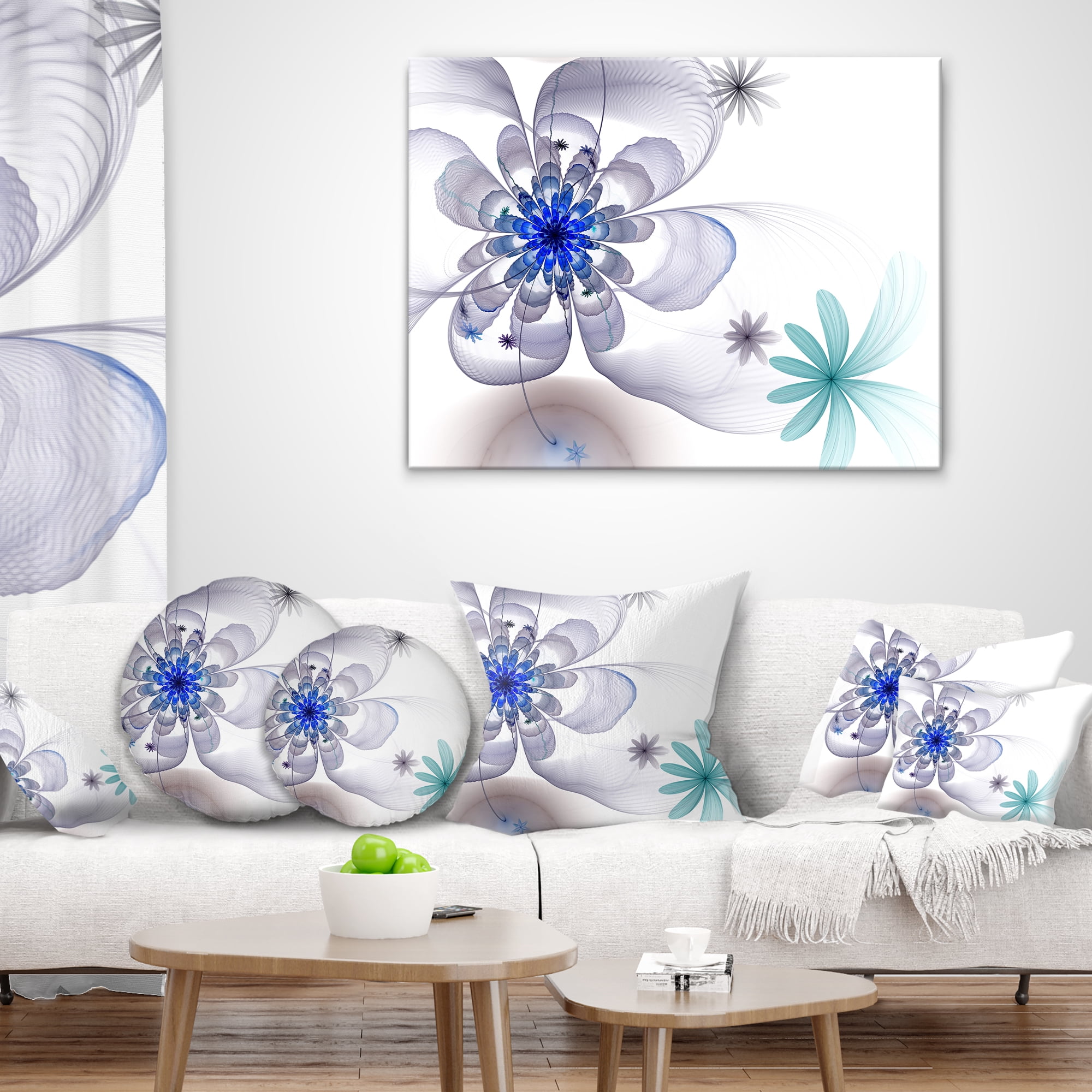 Designart Blue and Grey Symmetrical Fractal Flower - Floral Throw Pillow - 16x16