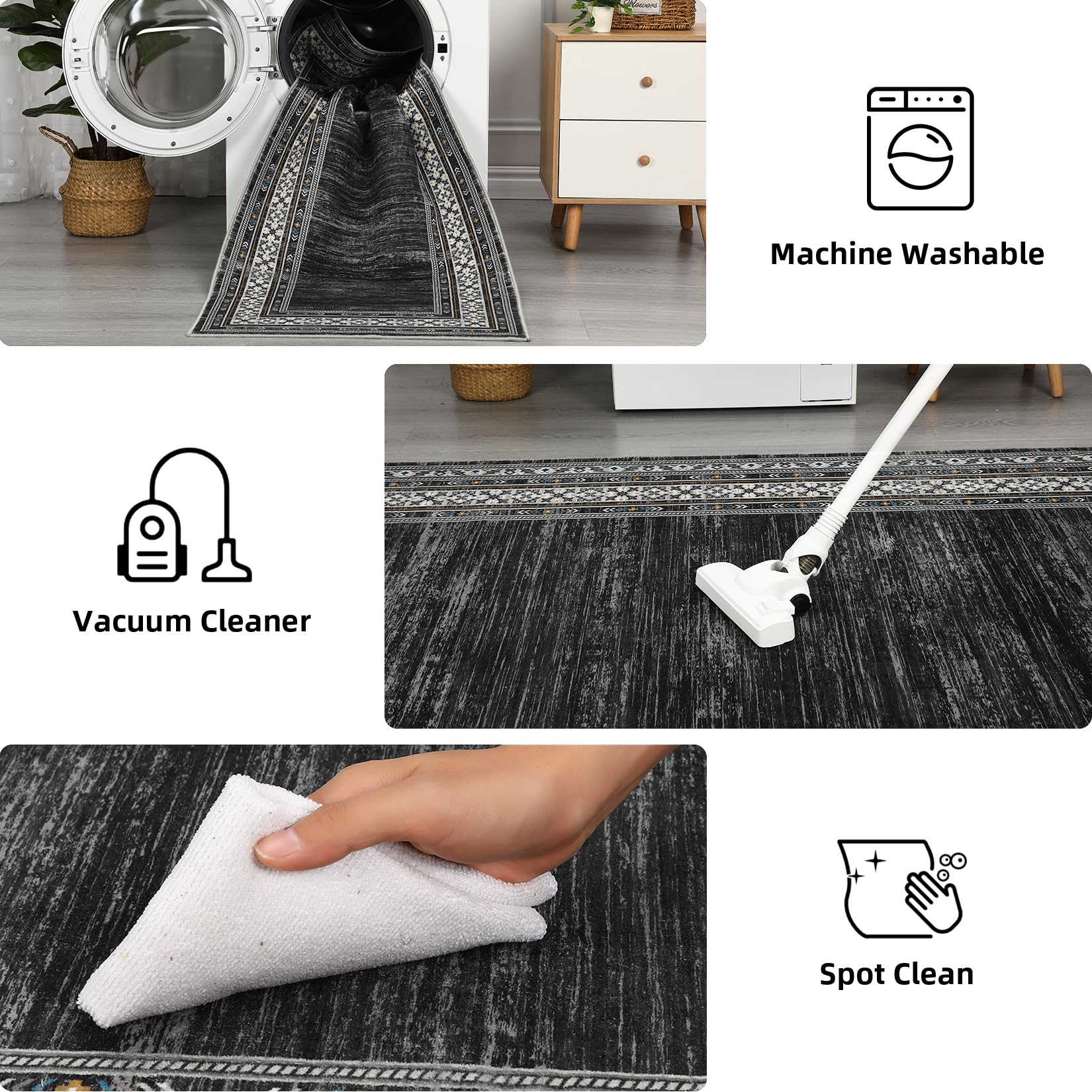 Washable 10x13 Area Rugs for Living Room, Soft Large Modern Bedroom Rugs, Ultra Thin Non Slip Accent Carpet for Dining Room, Low Pile Non Shedding Floor Cover Mat for Nursery Office, Black