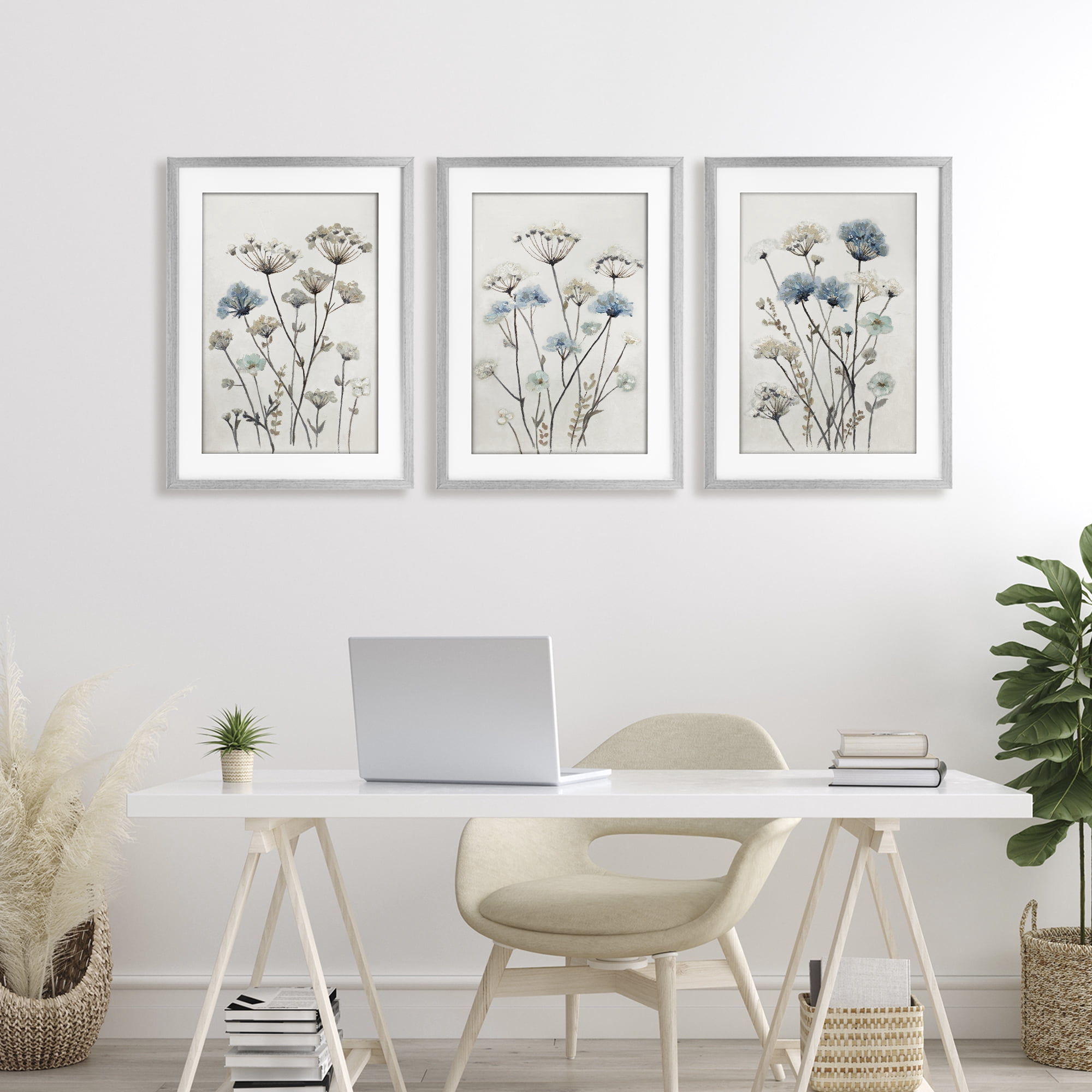 Stupell Industries Neutral & Blue Garden 3 Piece Gray Framed Print Under Glass Set, design by Patricia Pinto