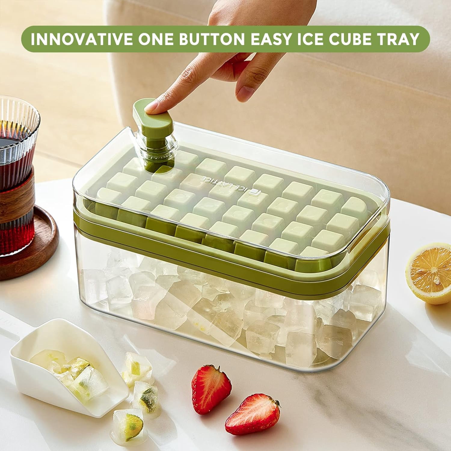 Ice Cube Tray with Lid and Bin, Upgraded One Button Release Ice Cube Trays, Tiny Ice Cube Maker Molds for Freezer with Container, Crushed Ice Tray for Chilling Drinks Coffee Juice Wine
