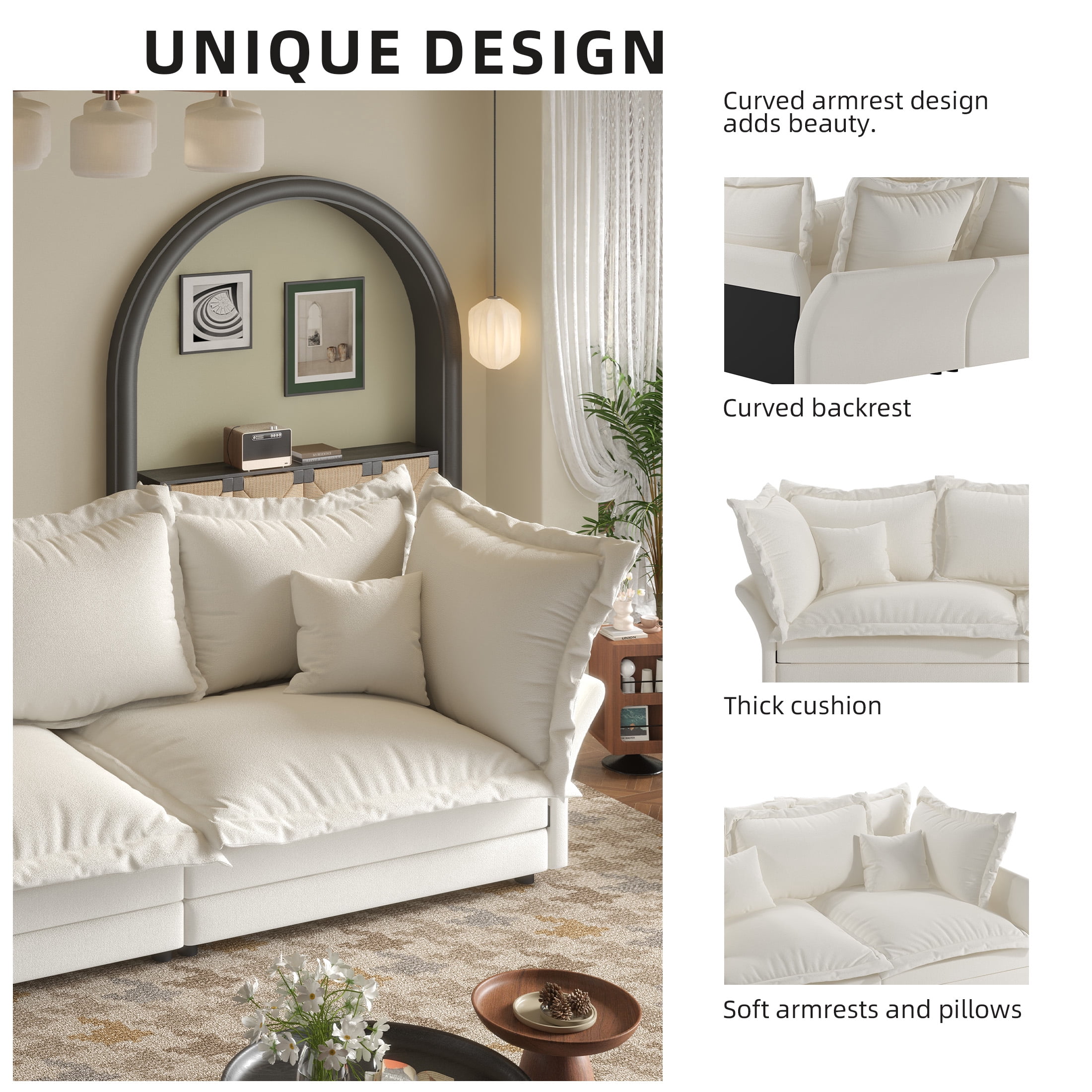 Aukfa 90.55" Overstuffed Sofa Cloud Couch, Convertible Deep Seat Chaise Longue with Large Pillows for Living Room, Beige