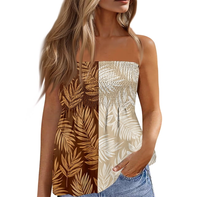 OIOLOYJM Womens Tube Top Spring Bandeau Strapless Hawaiian Print Peplum Top Backless Vacation Ruffle Trendy Clothes Beige XL