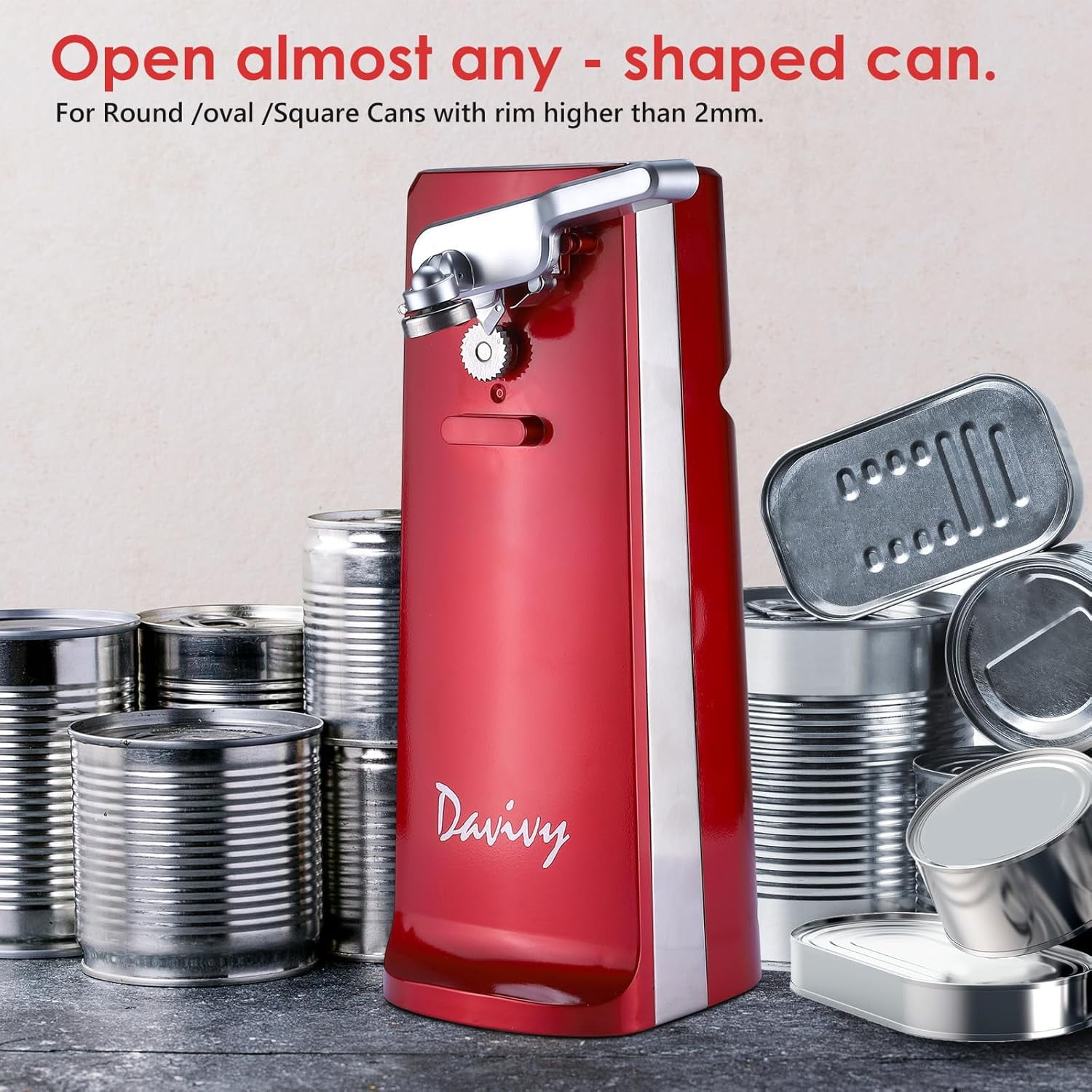 Davivy Electric Can Opener, 3-in-1 Design with Knife Sharpener & Bottle Opener, Red