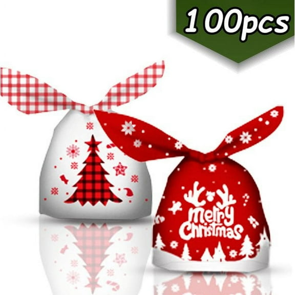 100 Pcs Christmas Treats Bags Goodie Bags Candy Cookie Bags for Christmas Party Supplies Santa Claus Gift 5.3''x 8.66"