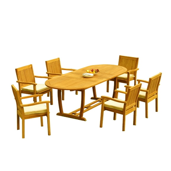 Grade-A Teak Dining Set: 6 Seater 7 Pc: 94" Mas Oval Trestle Leg Table And 6 Leveb Stacking Arm Chairs Outdoor Patio WholesaleTeak #51LV2307