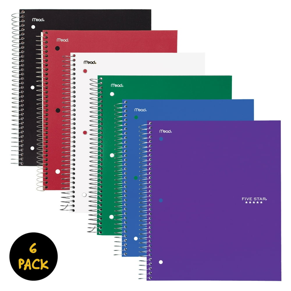 Five Star Notebook, 3 Subject, College Ruled, Assorted, 6 Pack (73930