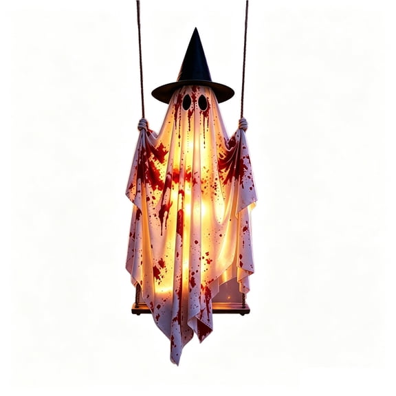 Light Up Swinging Witch Ghost Halloween Decoration, 63 Inch Hanging Ghost with Warm Lights and Witch Hat for Tree Yard Porch Indoor Outdoor Party Decor