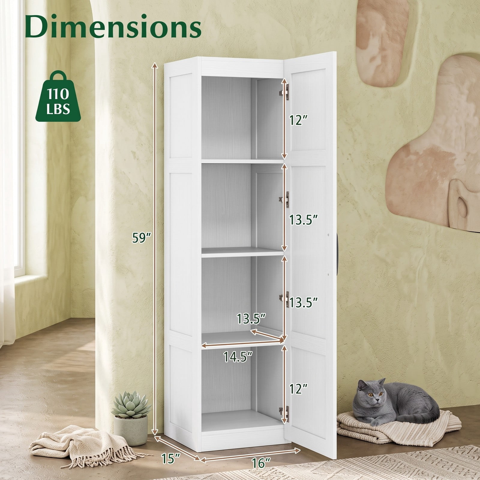 ALPULON Tall Narrow Storage Cabinet with 4 Shelves and Door, Freestanding Slim Bathroom Organizer Cabinet for Living Room Kitchen Utility Room, Engineered Wood, White