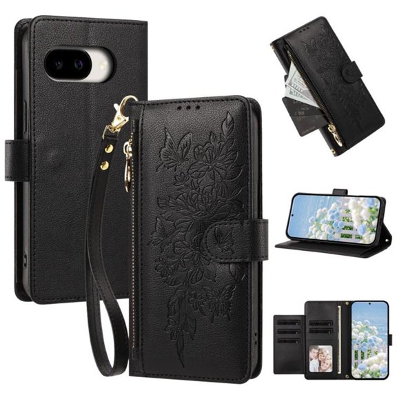Case For Google Pixel 10a Butterfly Flower Multi-card Holder Zipper Wallet With Lanyard Magnetic Clasp Flip Stand Leather Phone Case,Black,For Google Pixel 10a