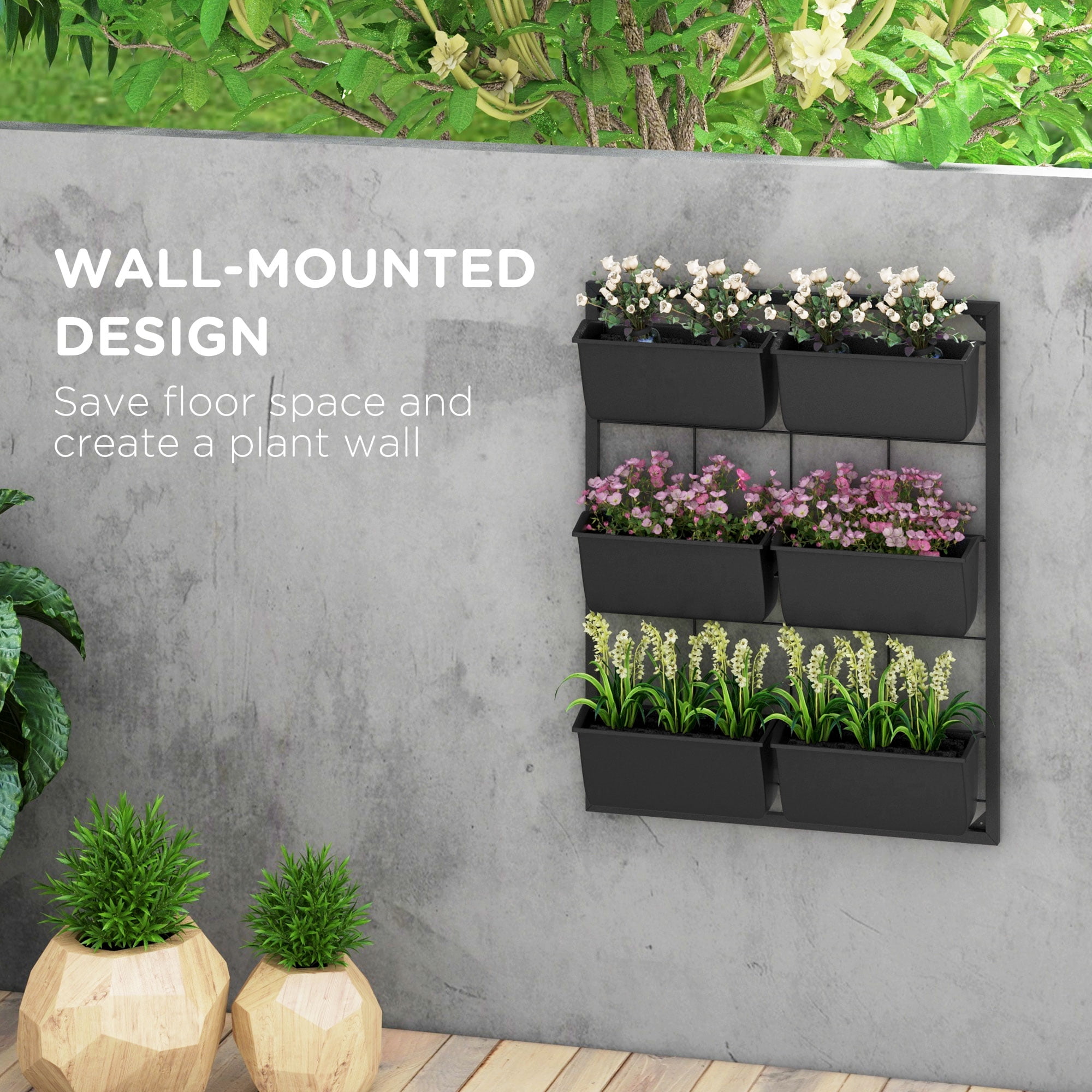 Outsunny 3-Tier Wall Planter with 6 Pots for Indoor and Outdoor, Black