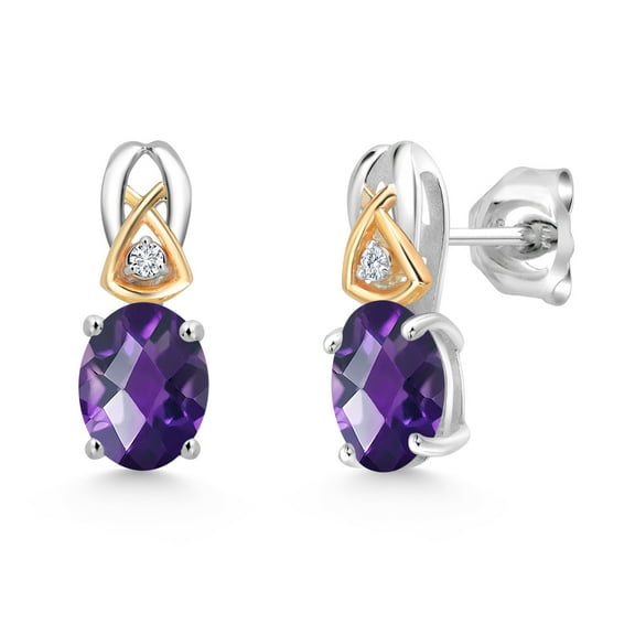 Gem Stone King 2.42 Ct Oval Checkerboard Purple Amethyst G/H Lab Grown Diamond 925 Silver and 10K Yellow Gold Earrings