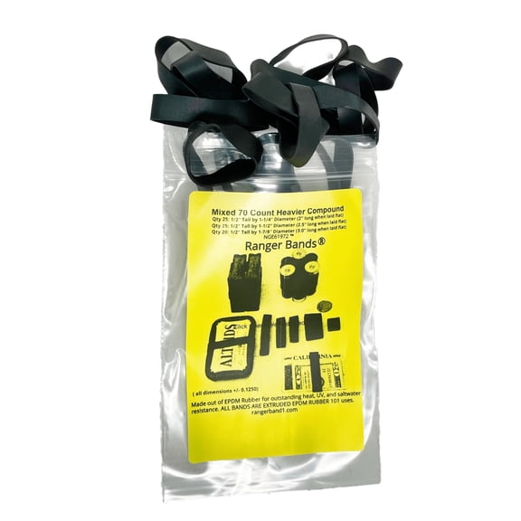 Ranger Bands® Mixed 70 Count Heavier Compound Made From Black EPDM Rubber Made in the USA
