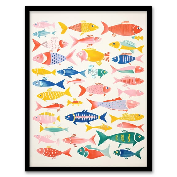 Multicoloured Fish Screen Print By Sofia Francis Kitchen Food Risograph Art Print Framed Poster Wall Decor 12x16 inch