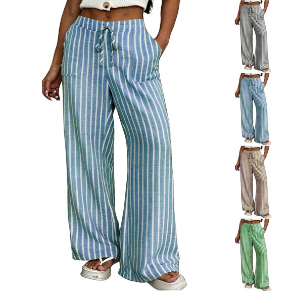 Endives Womens Wide Leg Pant Casual Elastic High Waist Drawstring Loose Wide Leg Striped Pants Baggy Beach Pants With Pockets Summer Beach Vacation Clothes Khaki M
