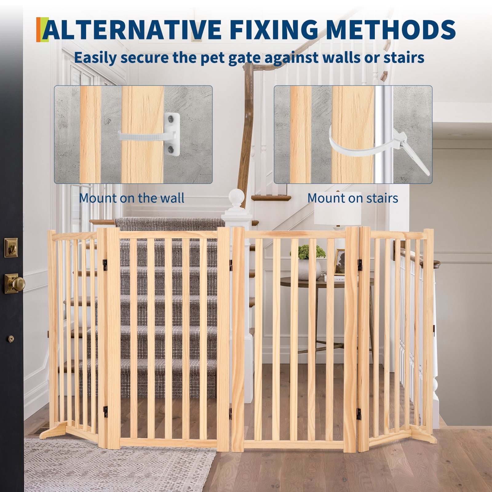 Freestanding Pet Gate, Wooden Dog Fence with 2 Support Feet, Collapsible Dog Gate for Indoor, Stairs, Doorway, Hall, Kitchen, Step-Over Safety Pet Barrier, Paint-Free, 4 Panel H:36"