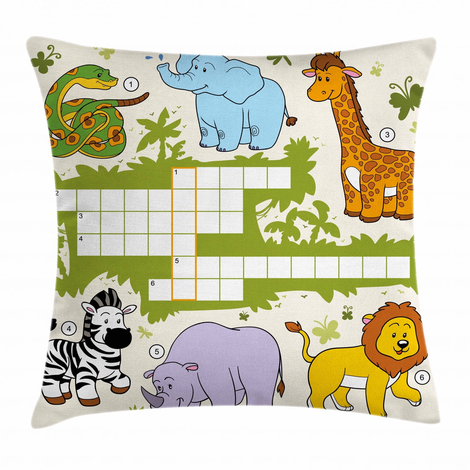 Word Search Puzzle Throw Pillow Cushion Cover, Colorful Crossword Game for Children Wild Jungle