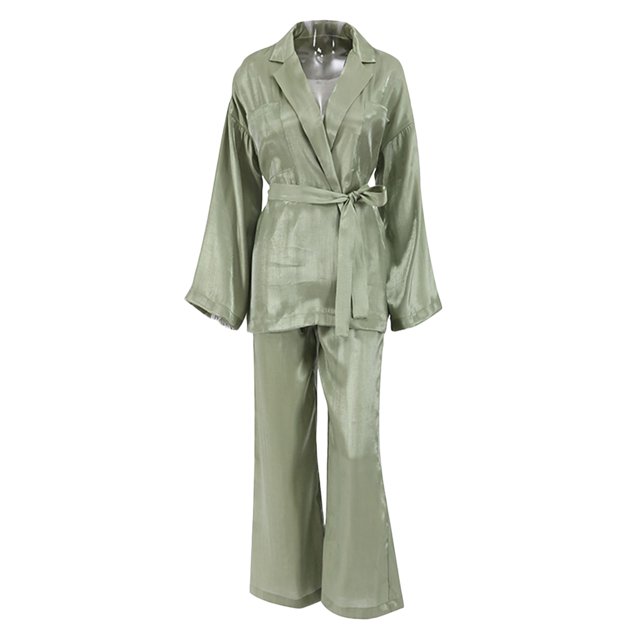Txlixc Traje de pijama para mujeres, portátil de manga larga de color sólido + pantalones sueltos + cinturón Txlixc moda