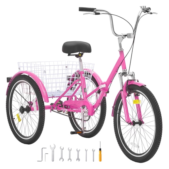 KFFKFF Collapsible Adult Three-Wheeler, 26" Carbon Steel Frame, 3-Wheel Cruiser Bicycle with Spacious Basket & Customizable Seat, Foldable Trike for Shopping, Picnics for Adults & Elderly (Pink)