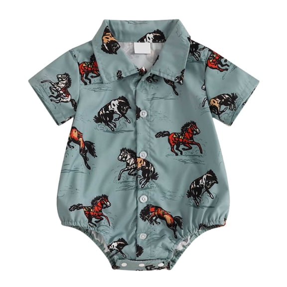 Petalier Western Baby Boy Clothes Cowboy Shirt Romper Long/Short Sleeve Button Down Dress Bodysuit Infant Gentleman Outfits (Blue, 6-12 Months)
