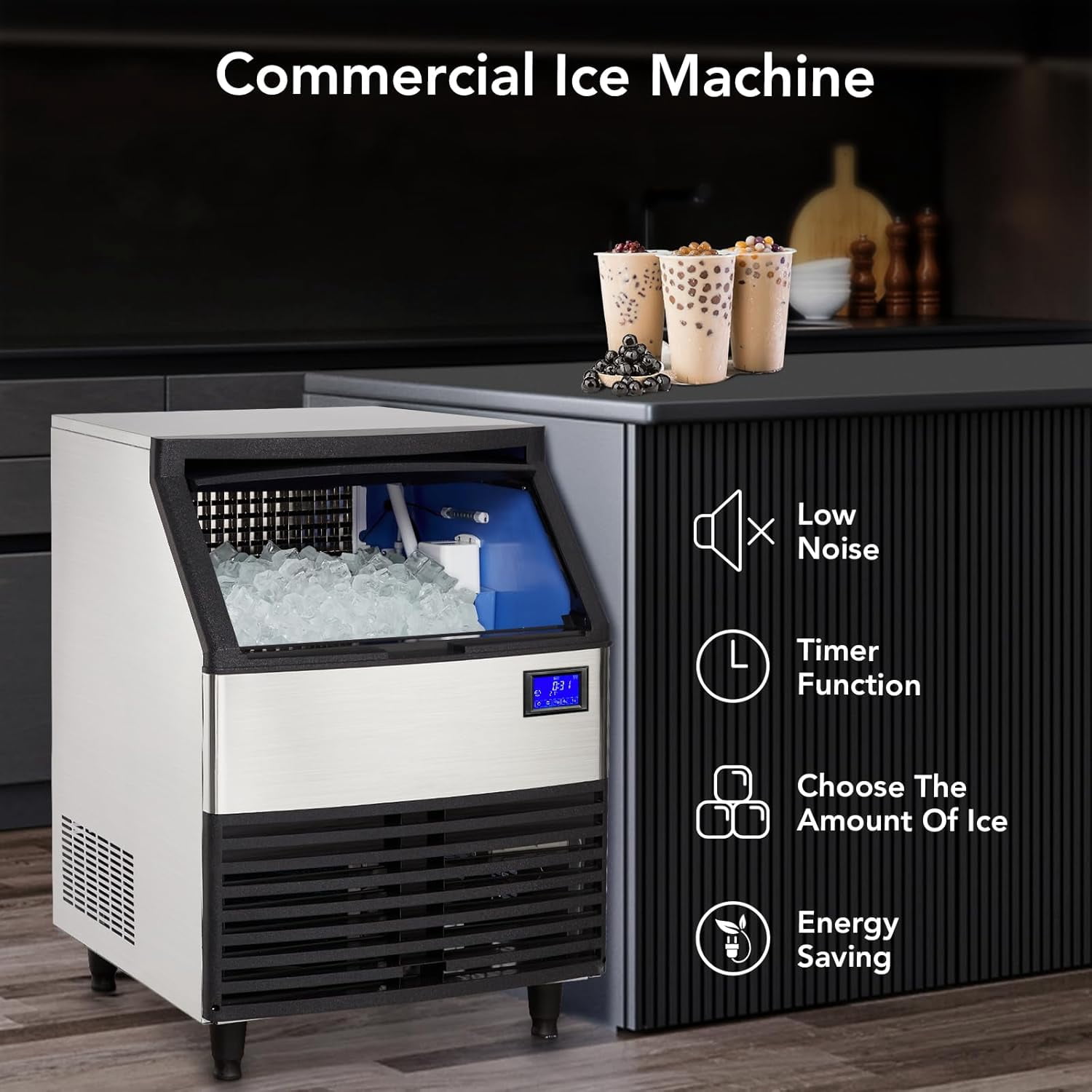 IdealHouse High Capacity Commercial Stainless Steel Ice Maker – 260lbs/24H, 99lbs Storage, LCD Display, Self-Cleaning, Freestanding Undercounter Machine – 110V, 375W
