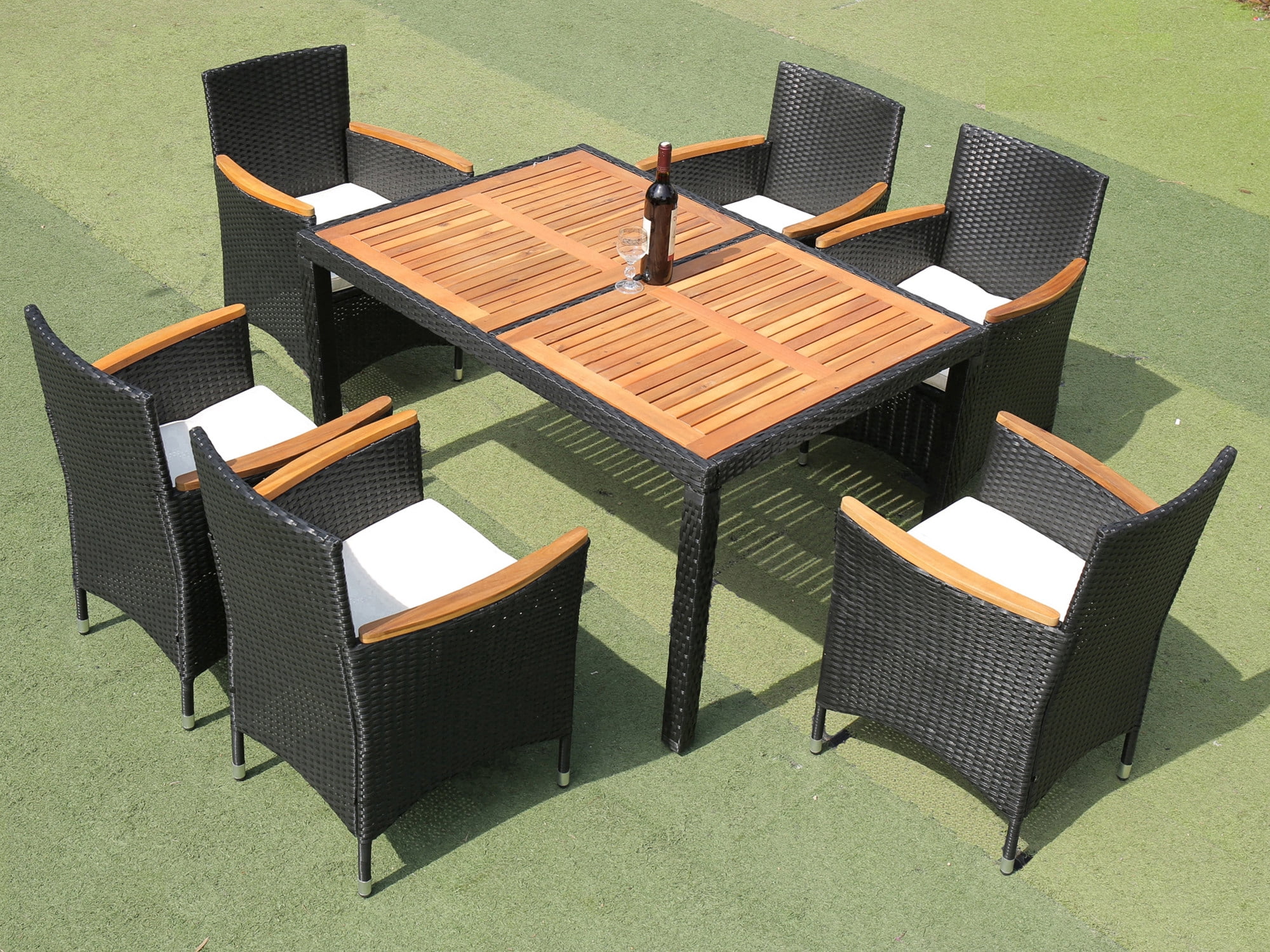 7 Piece Outdoor Patio Dining Set Outdoor Wicker Dining Furniture Set with Brown Rattan Dining Table and Chairs, Beige Cushions