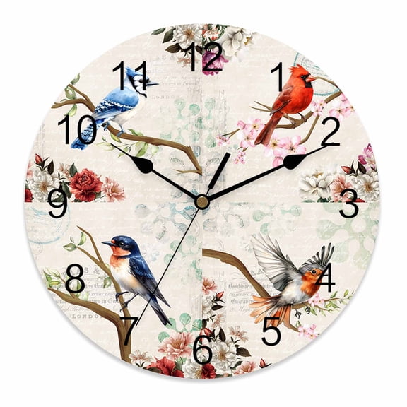 Wall Clock 12 Inch Vintage Birds Flower Round Silent Decorative Wall Clocks Battery Operated for Living Room Bedroom Kitchen Classroom Decor, Farmhouse Spring Flower,Large