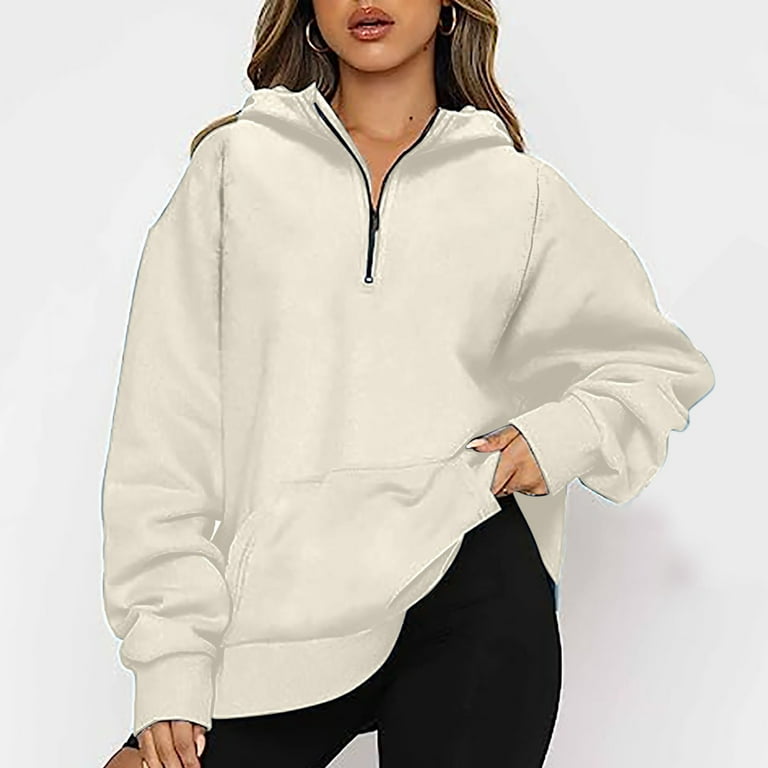 Womens Baggy Hoodies Quarter Zip High Neck Sweatshirts with Pocket Long  Sleeve Cozy Plain Pullover Sweater Tops (Medium, Beige) 