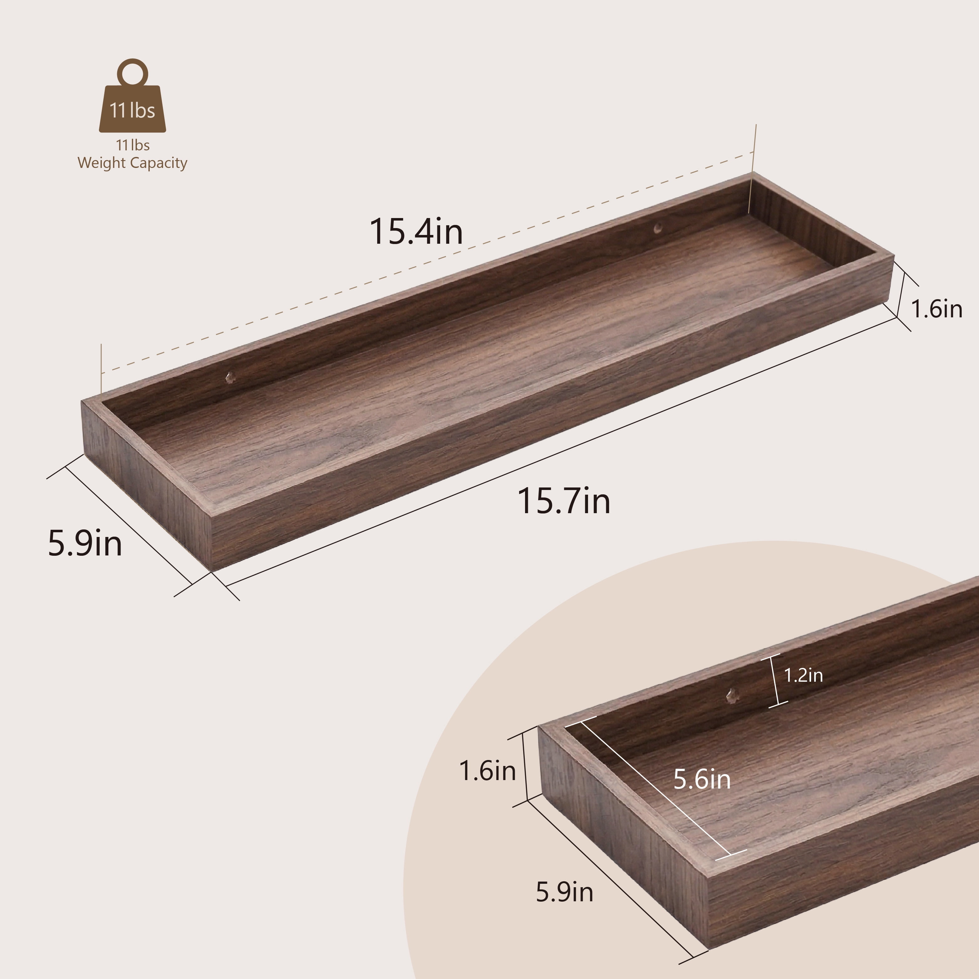 Mifurn 15.7" Floating Shelves for Wall, with Raised Lip, Set of 2, Gray