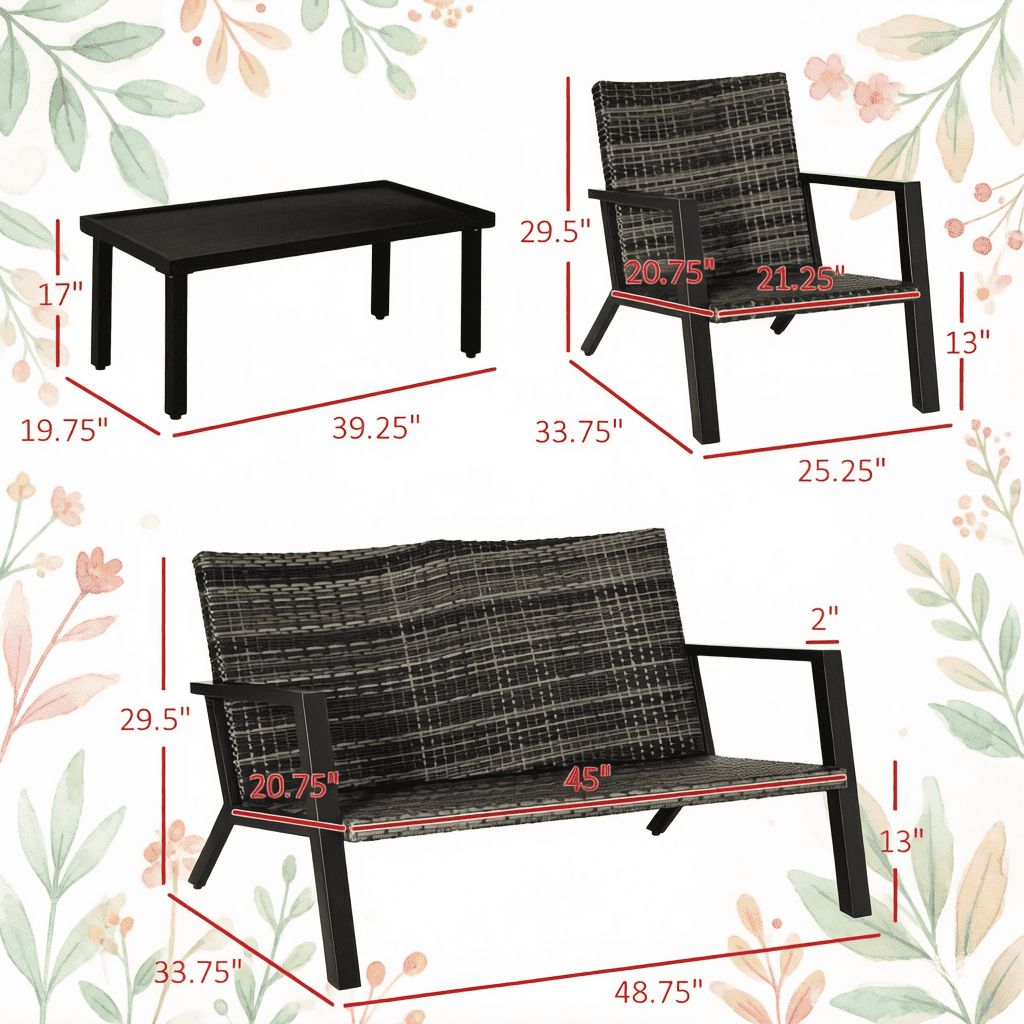 4-Piece Outdoor Rattan Patio Furniture Set,Loveseat,2 Chairs & Coffee Table,Weather-Resistant PE Wicker with Cushions,for Garden, Deck,Poolside
