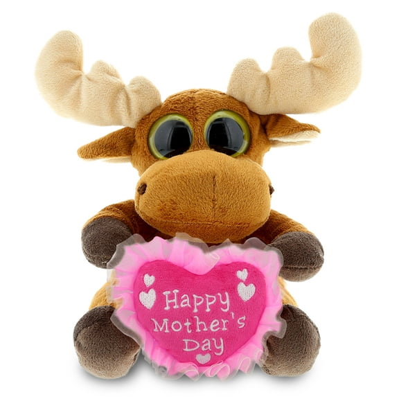 DolliBu Happy Mother's Day Super Soft Sparkling Big Eye Moose Plush - Cute Stuffed Animal with Pink Heart Message for Best Mommy, Grandma, Wife, Daughter - Cute Wild Life Plush Toy Gift - 6" Inches