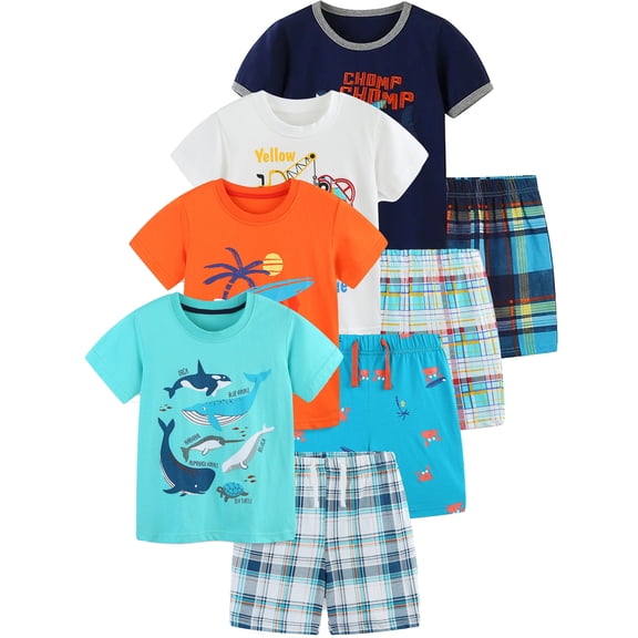 WIBACKER 100% Cotton 2-Piece Summer Pajamas for Kids Boys Sleepwear Top and Plaid Shorts Toddler Boy Whale Pjs Set 2-7T